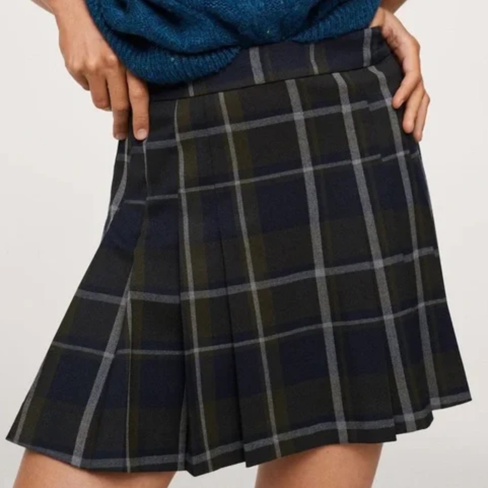 MANGO Plaid Pleated Mini Skirt — Size S, Blue/Green